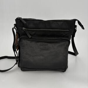 Leder Buck Terry Genuine Leather Crossbody Sling Multi Pocket Bag Purse Black